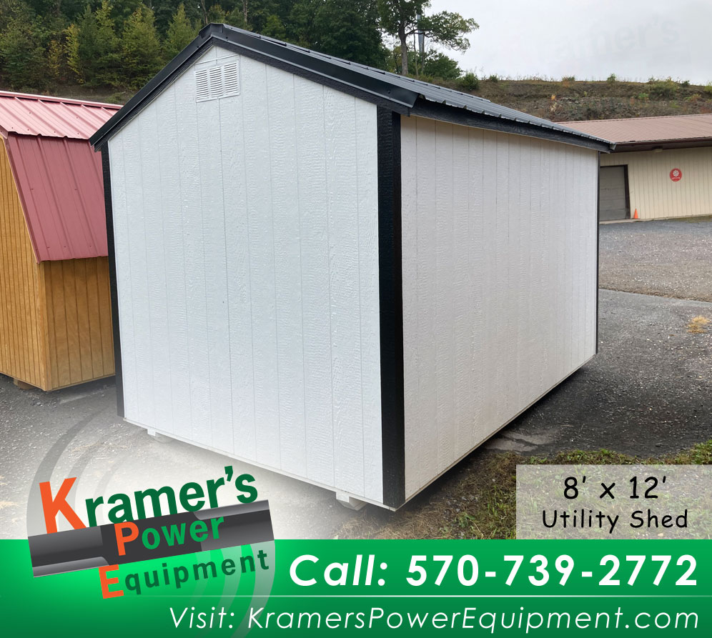 Back view of Garden Shed 8'x12'White Utility With a Metal Roof