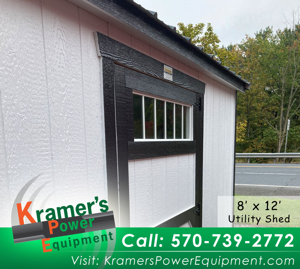 Transom Windows in Door of Garden Shed 8'x12'White Utility With a Metal Roof
