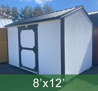 8x12 utility white shed single door black metal roof