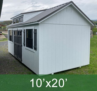 White Dormer Shed with Peppercorn Doors